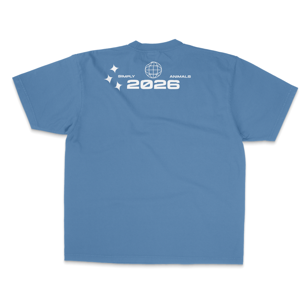 Back view of SLEEPY Tee in blue featuring 2026 and Simply Animals graphic design.