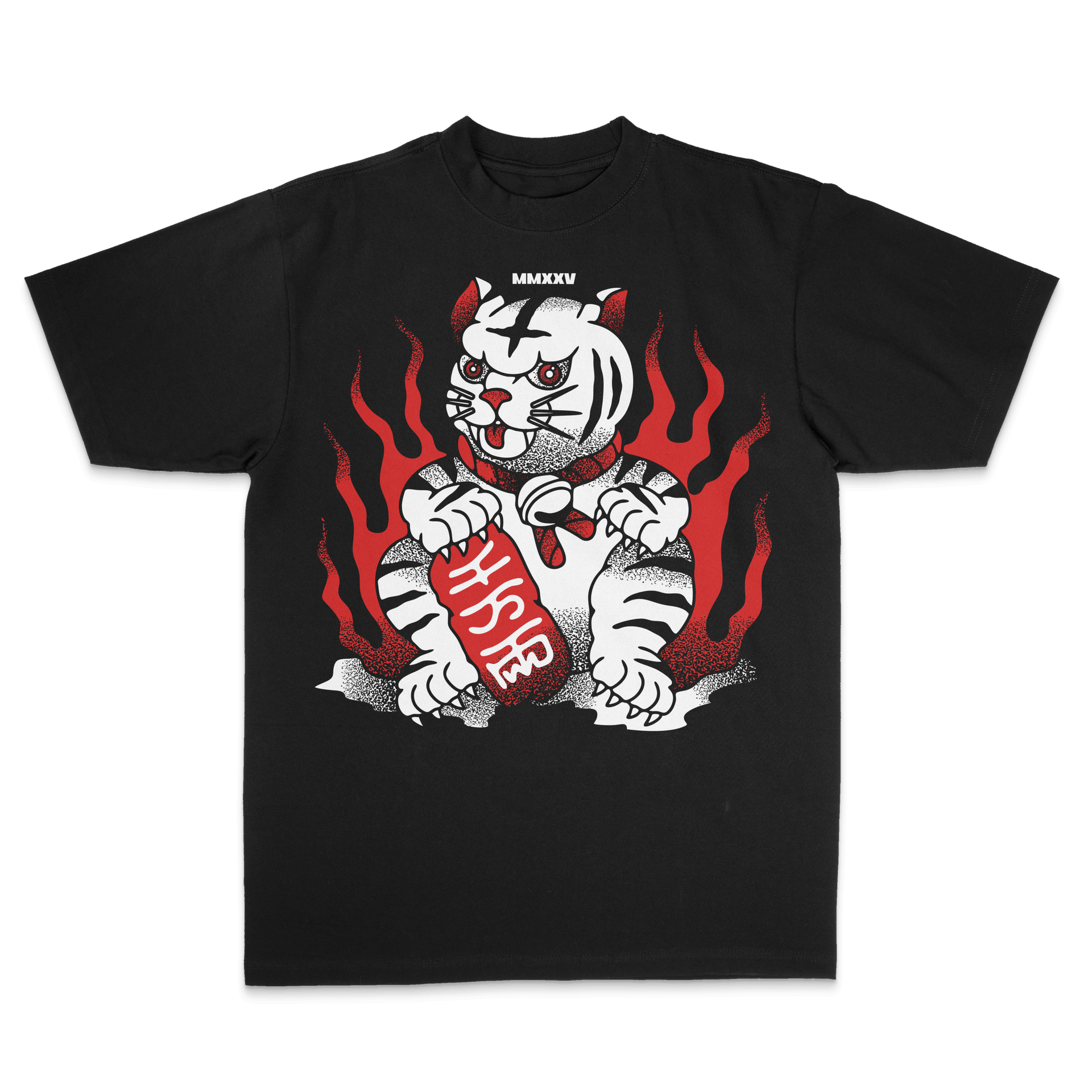 Moneki Tee featuring an oversized boxy fit with a tiger graphic and flames, made of 100% cotton.