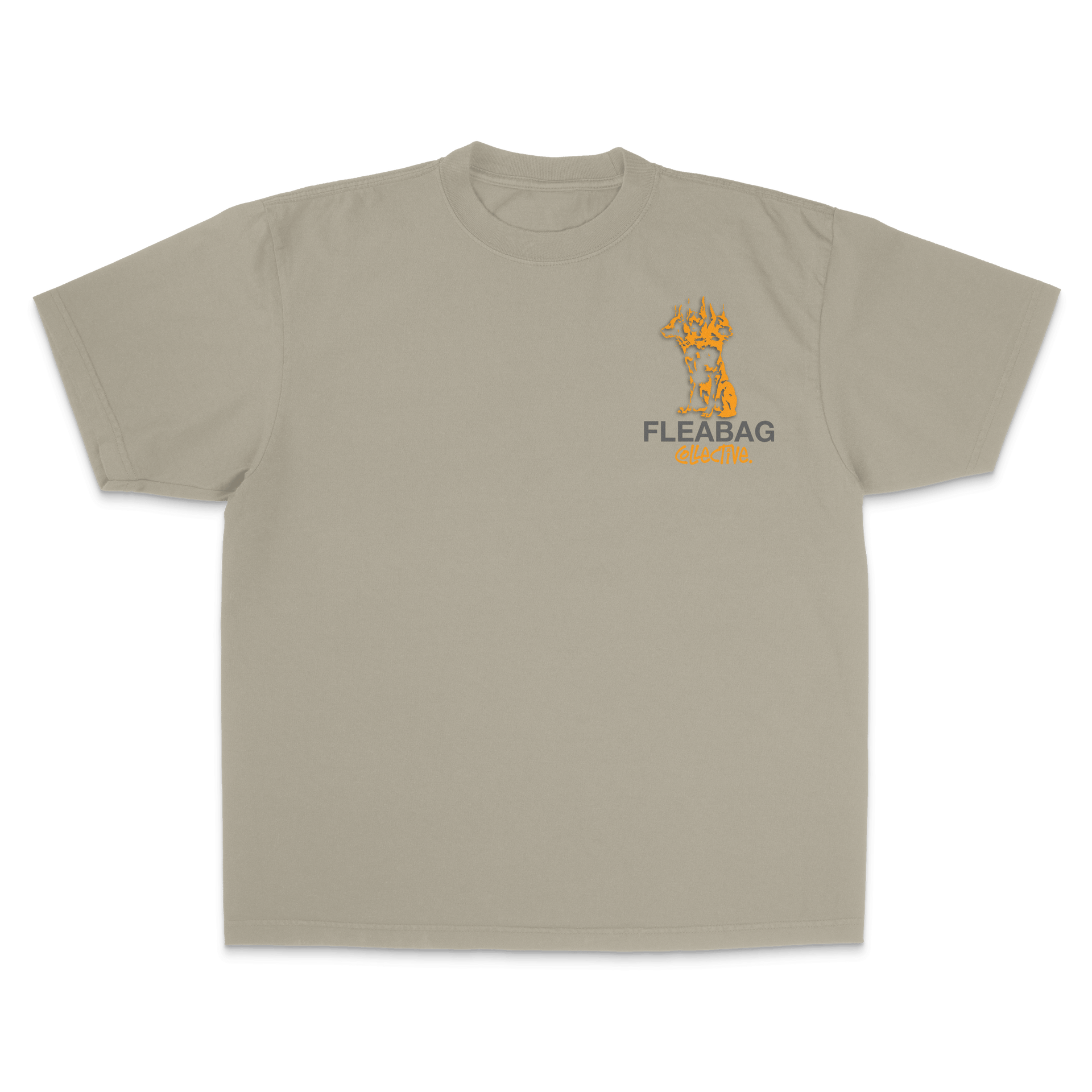 Doberman Study Tee in oversized fit, 100% Cotton, featuring Fleabag design on a light gray shirt.