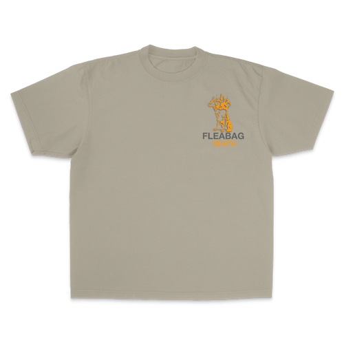 Doberman Study Tee in oversized fit, 100% Cotton, featuring Fleabag design on a light gray shirt.