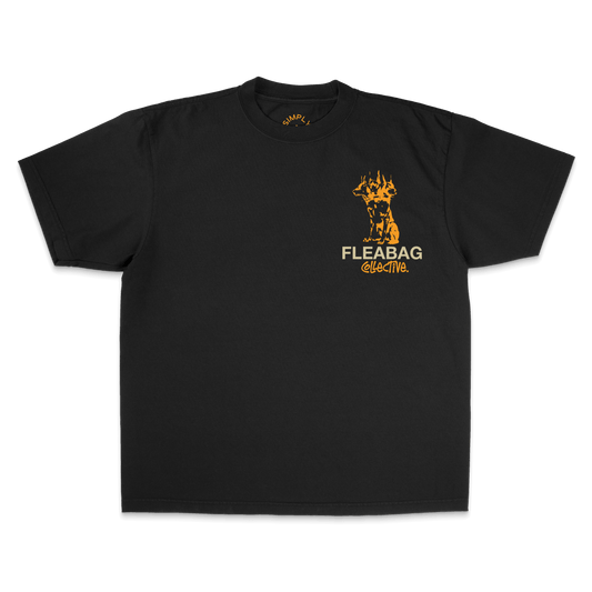 Doberman Study Tee in black, oversized fit, 100% Cotton, featuring FLEABAG graphic on front.