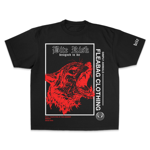 Bite Risk Tee in black with red wolf graphic, oversized fit, made of 100% cotton, perfect for casual style.