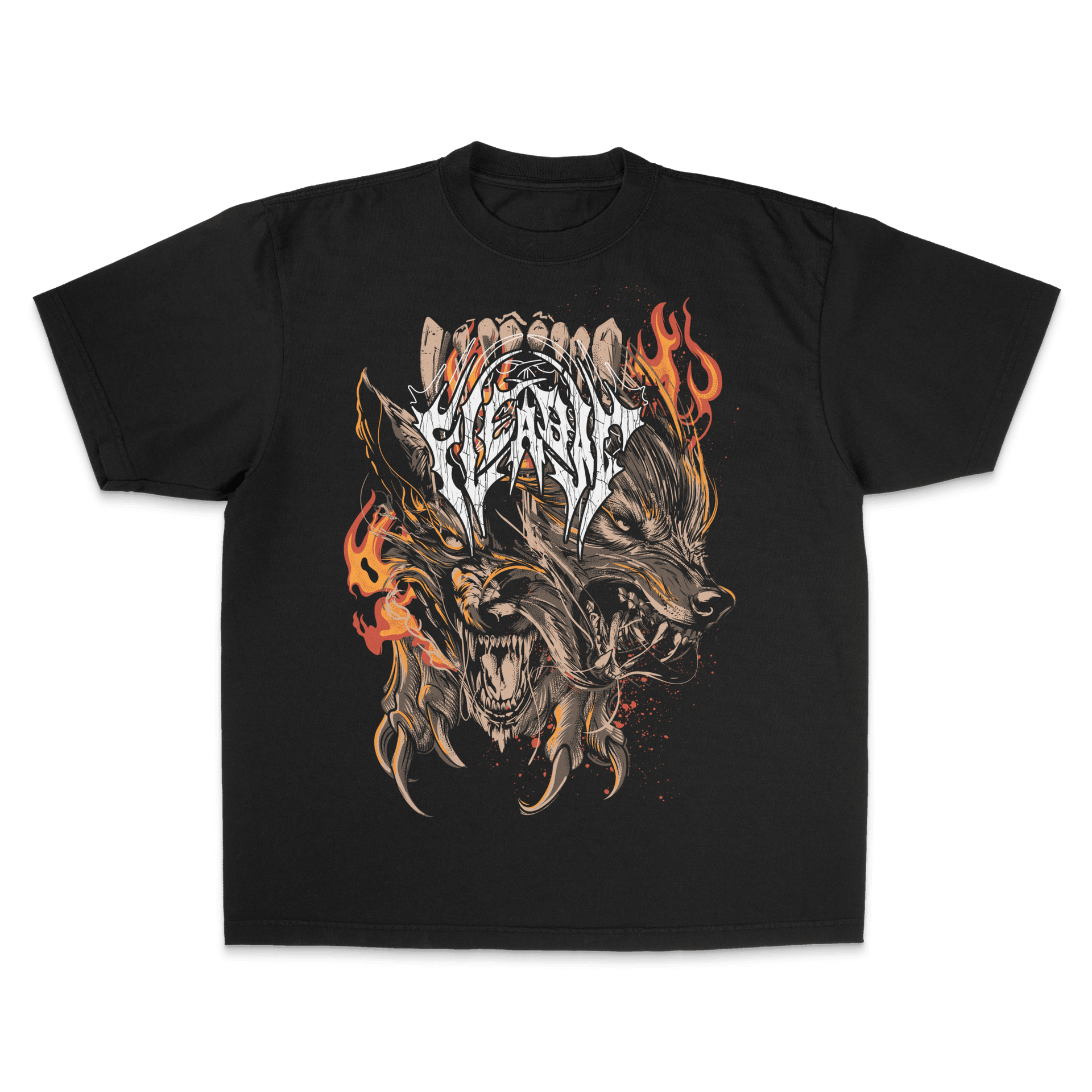 Ravenous Tee featuring fierce wolf graphics in flames, made from 100% Cotton for an oversized fit.