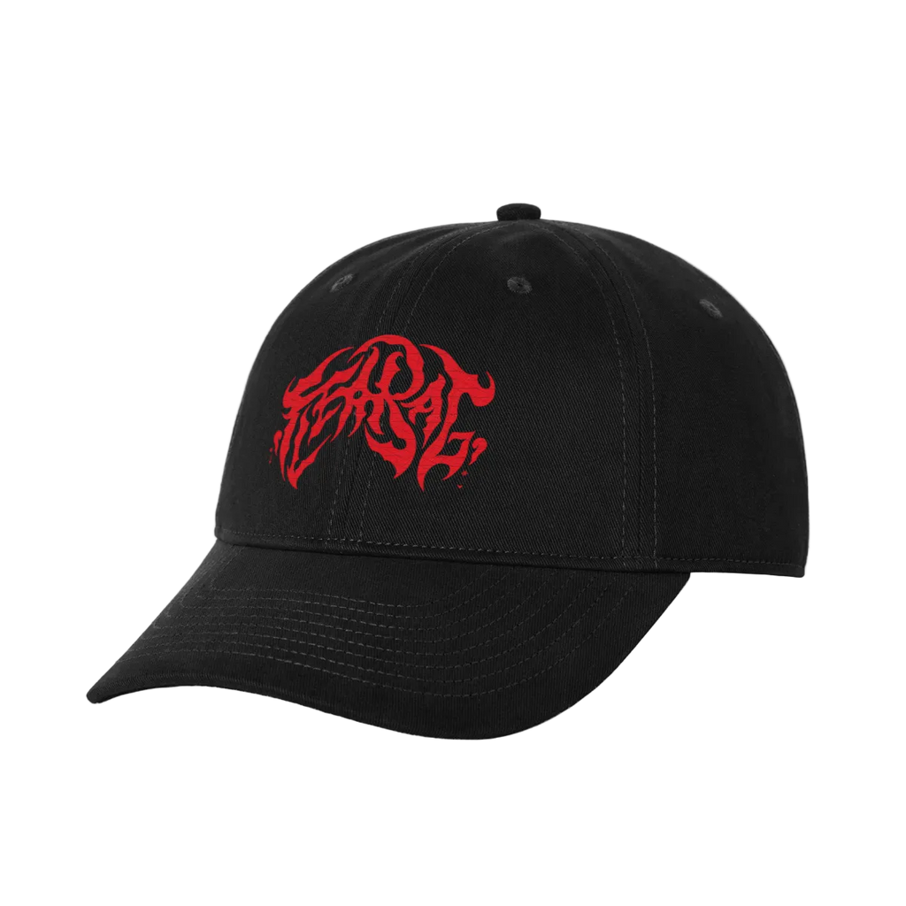 A black baseball cap featuring a stylized red embroidered logo on the front.