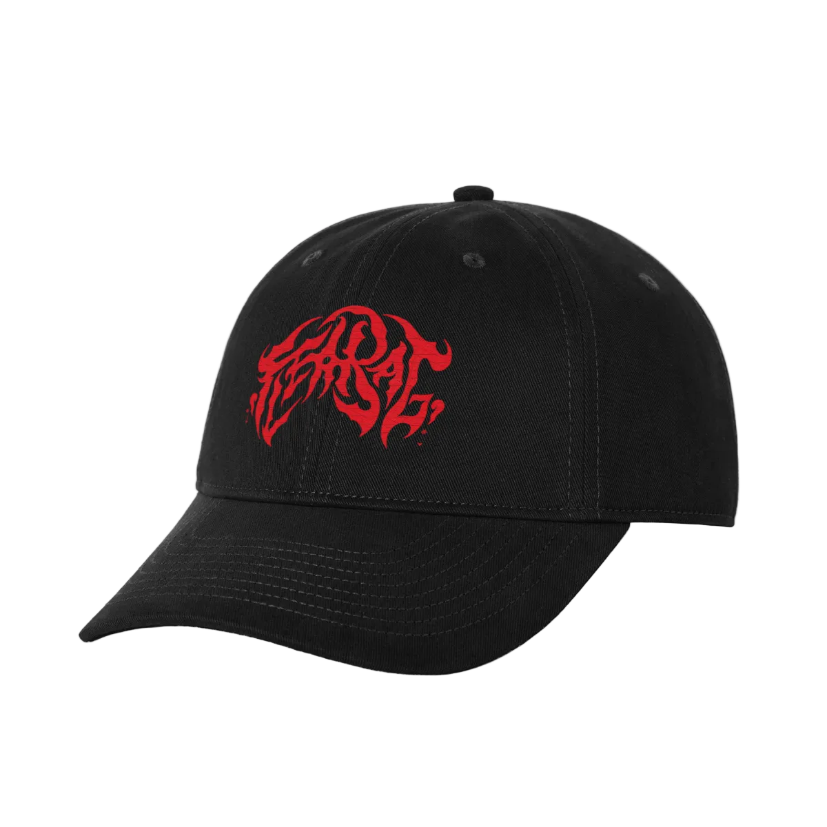 A black baseball cap featuring a stylized red embroidered logo on the front.