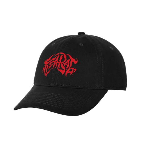 A black baseball cap featuring a stylized red embroidered logo on the front.