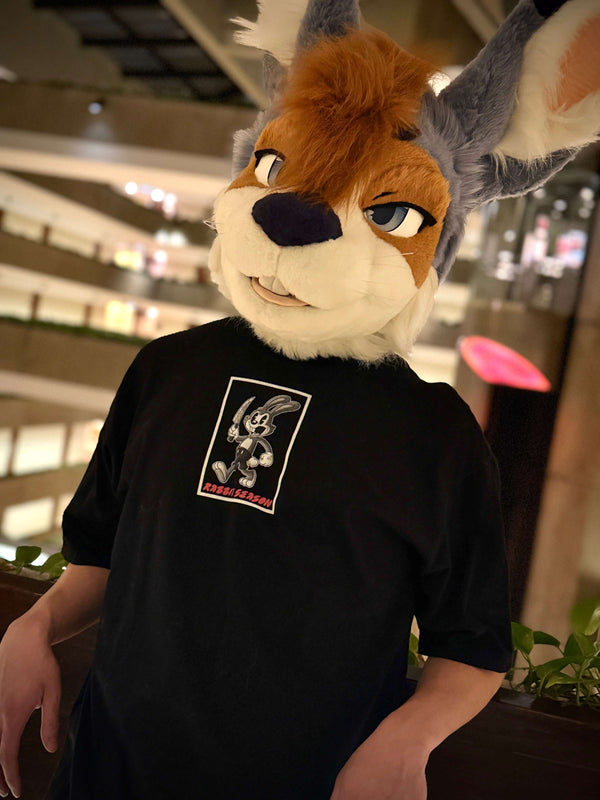 Rabbit fursuiter model wearing Rabbit Season Tee