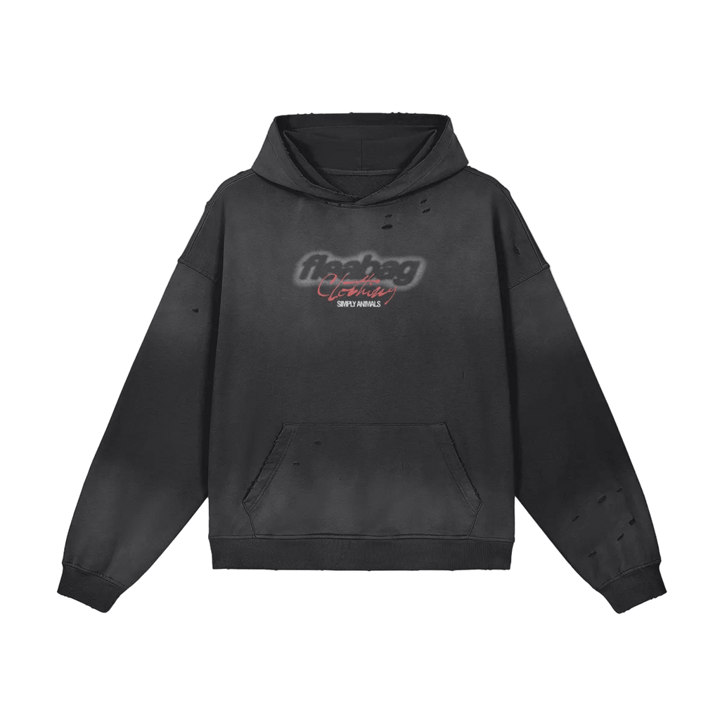 Swiper Distressed Hoodie featuring chest text print and distressed oversized fit.